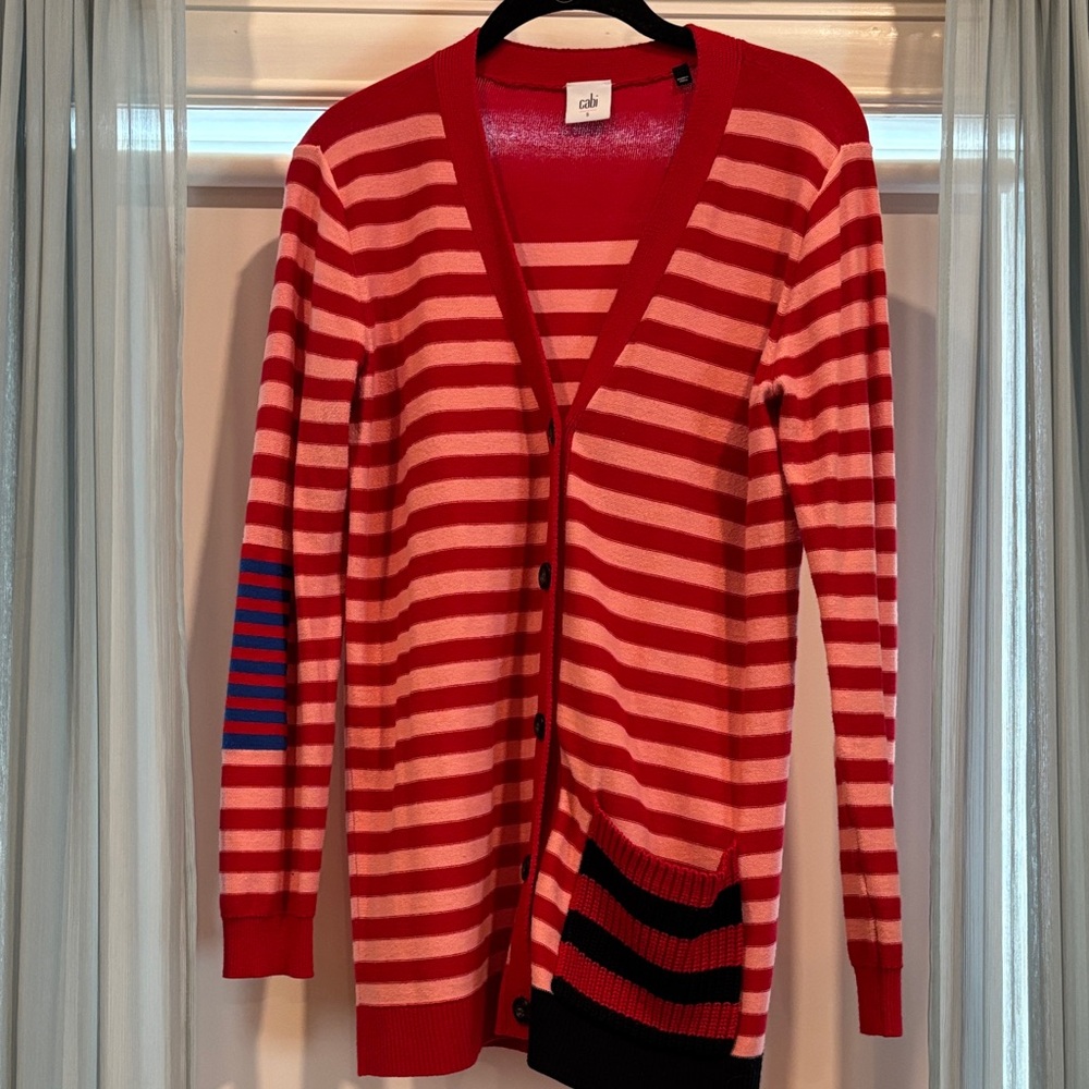 CAbi Red and Pink Striped V-Neck Cardigan with fun details, small.